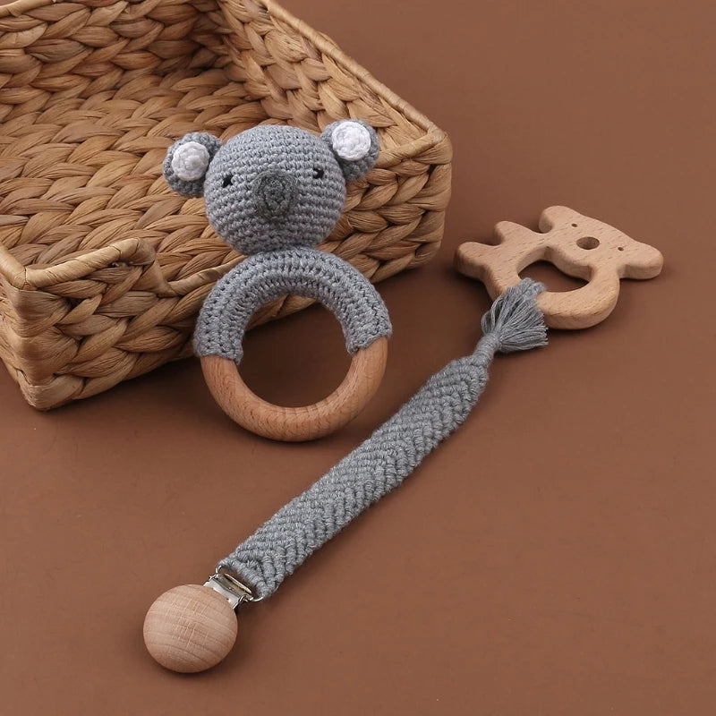 1Set Crochet Bunny Baby Teether Rattle Safe Beech Wooden Teether Ring Pacifier Clip Chain Set Newborn Mobile Gym Educational Toy