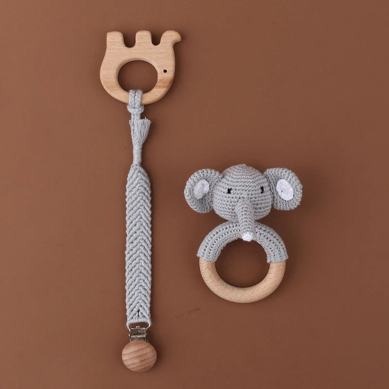 1Set Crochet Bunny Baby Teether Rattle Safe Beech Wooden Teether Ring Pacifier Clip Chain Set Newborn Mobile Gym Educational Toy