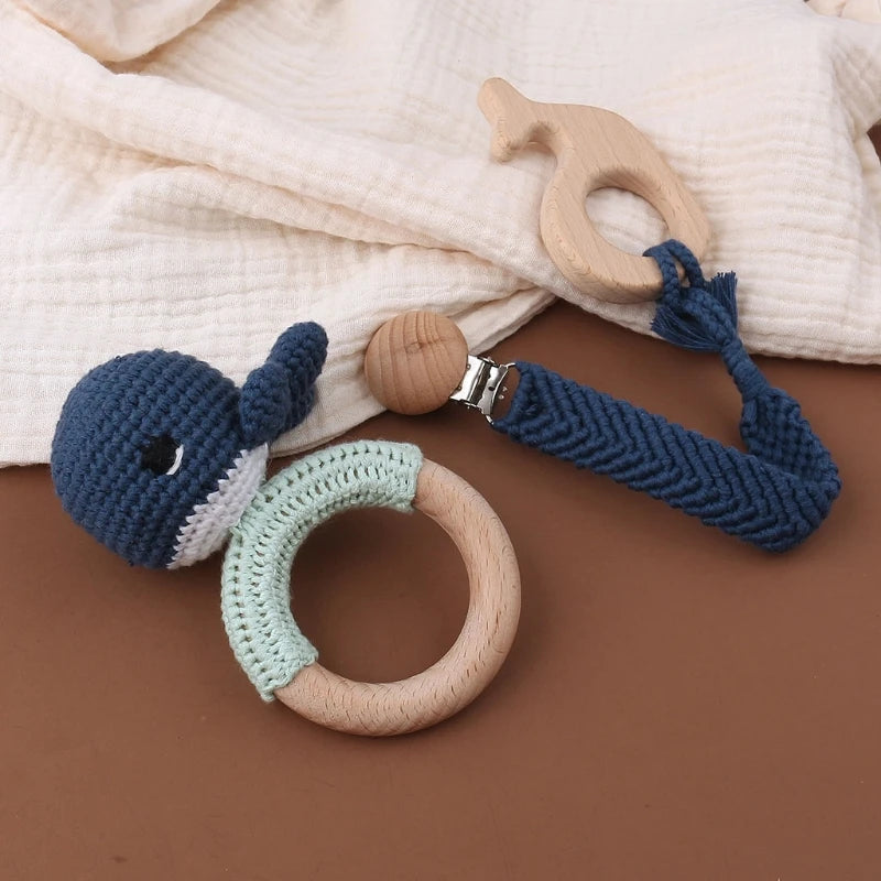 1Set Crochet Bunny Baby Teether Rattle Safe Beech Wooden Teether Ring Pacifier Clip Chain Set Newborn Mobile Gym Educational Toy