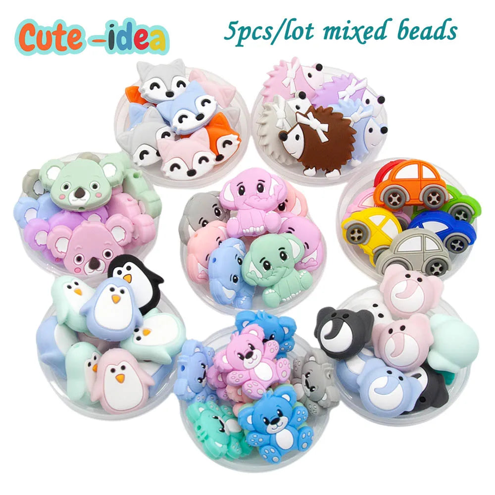 Cute-idea 5pcs Silicone Teether Beads Koala Elephant Animal Chewable Beads DIY Pacifier Chains Accessories BPA Free Baby Goods