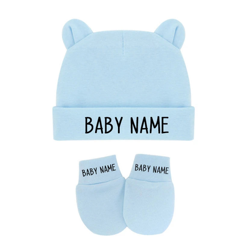 Personalized Newborn Baby Beanie Cute Baby Name Hat and Gloves with Ears Cotton Stretch Boys Girls Warm Hat Gloves Shower Gift